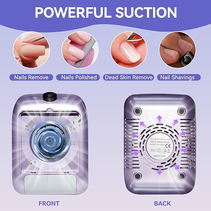 Rechargeable Nail Dust Collector with LED Display - Adjustable Speed, Professional Powerful Suction Vacuum Fan Dust Cleaner with Reusable Filter for Acrylic Nails Polishing Manicure Salon Home Purple