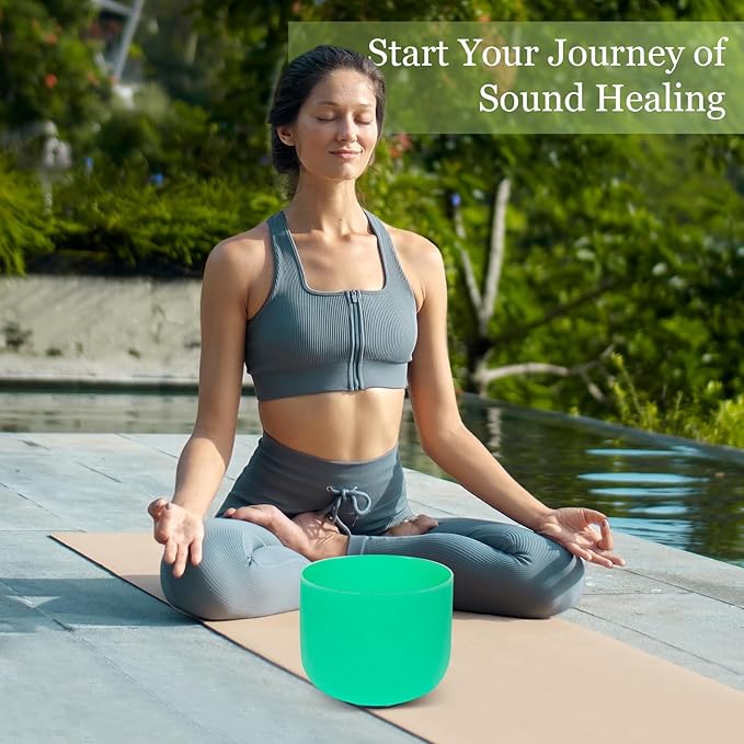 432HZ 8 Inchs F Note Green Frosted Crystal Singing Bowl for Meditation Healing Yoga Chakra Quartz Crystal Sound Bowls with Heavy Duty Carry Case and Rubber Mallet,Suede Striker,O-rings