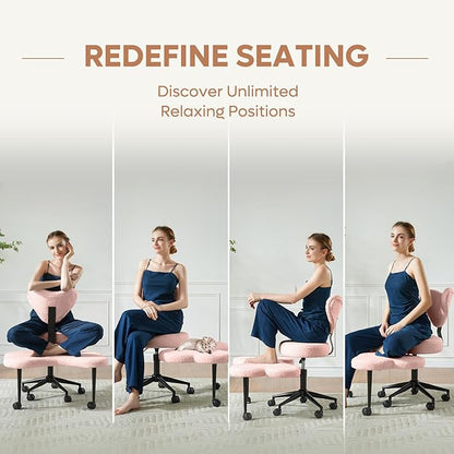 Ergonomic Cross Legged Chair, 360° Swivel Meditation Chair with Wheels, Height Adjustable Seat for ADHD, Strong Lumbar Support, Chic Home Office Furniture, Teddy Fabric, Pink