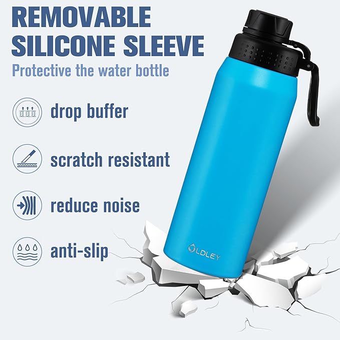 OLDLEY 24 oz Insulated Water Bottle With Straw, Stainless Steel Sports Water Cup Flask with 3 Lids(Straw, Spout and Handle Lid) Double Walled Travel Thermal Canteen Mug,Sky Blue