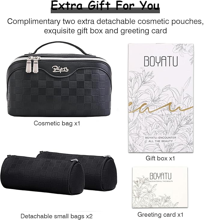 BOYATU Travel Makeup Bag Organizer Cosmetic Bag: 3 Pcs Set Make up Bags for Women with Handle - Waterproof Vegan Leather Toiletry Bags Travel Essentials Pouch with Compartments (01-Black)