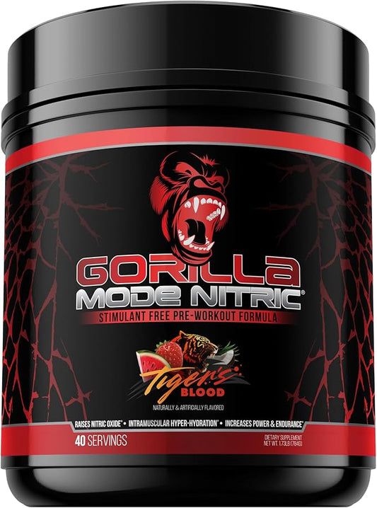 Gorilla Mind - Gorilla Mode Nitric Upgraded Stimulant Free Pre-Workout – Best Tasting and Most Effective Stimulant Free Pre-Workout/Massive Pumps · Vasodilation · Power / 784 Grams (Tigers Blood)