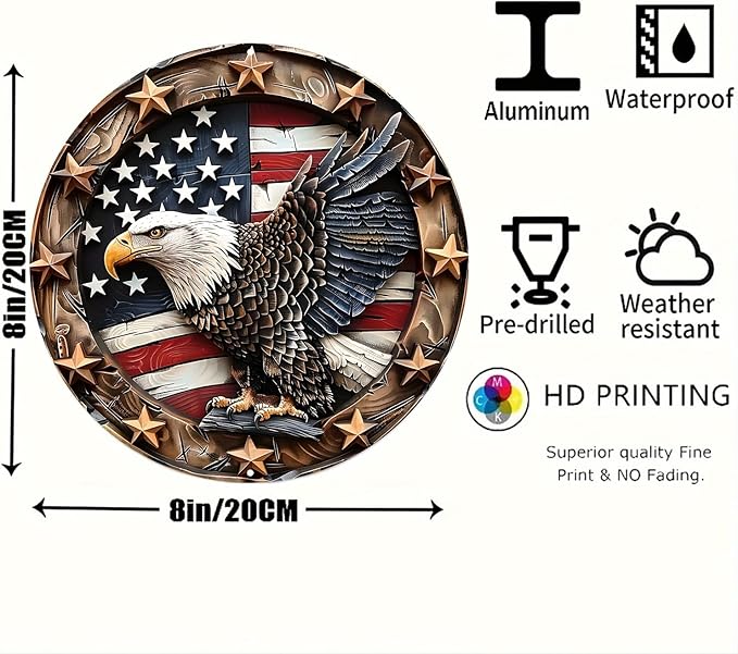 Eagle Wings Patriotic Aluminum Metal Wall Art - Weatherproof Round American Flag with Bald Eagle Decor, Pre-Drilled HD Print Sign for Home, Garage, Bar, Cafe - 8-Inch Diameter