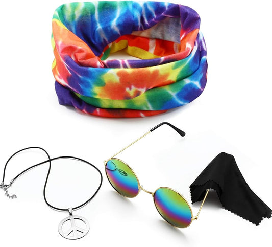 Norme 3 Pcs Hippie Costume Accessories 70s Peace Sign Necklace Tie Dye Hippie Headband Sunglasses Halloween Party Decor