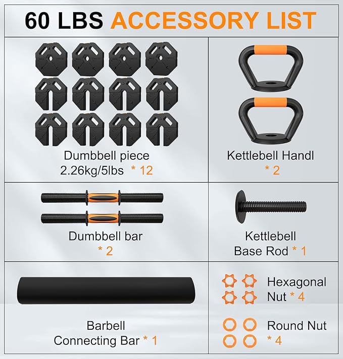 Adjustable Dumbbells 20/30/40/60lbs Free Weight Set with Connector, 5 in 1 Dumbbells Set Used as Barbell, Kettlebells, Weightlift, Push Up Stand, Weight Plate, Women Men Fitness Exercises Equipmentfor Home Gym