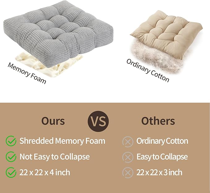22 inches Meditation Pillow, 2 Pack Square Large Floor Cushions for Adults, Thick Corduroy Floor Pillows for Sitting, Yoga, Living Room, Sofa, Tatami, LightGrey