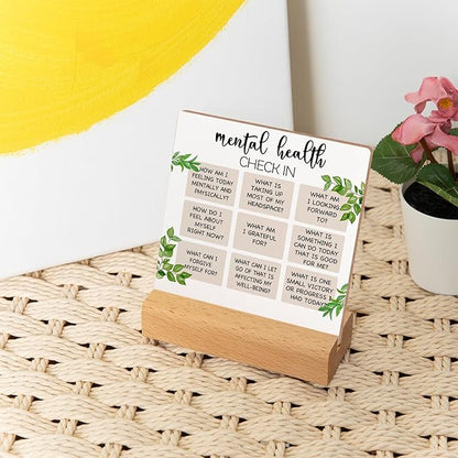 Mental Health Inspirational Gift, Positive Self Affirmations Wooden Sign, Mental Health Check in Wood Sign with Wooden Stand, Cheer Up Gifts for Psychologist School Counselor Student Boy Girl