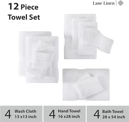 LANE LINEN Luxury Bath Towels Set - 12 Piece, 100% Cotton, Zero Twist, Super Soft & Absorbent, Includes 4 Bath Towels, 4 Hand Towels, 4 Washcloths - White