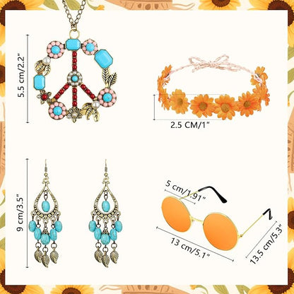 Hicarer Hippie Costume Accessories Include Sunglasses, Peace Sign Necklace, Boho Headband and Earring for 60s 70s Party