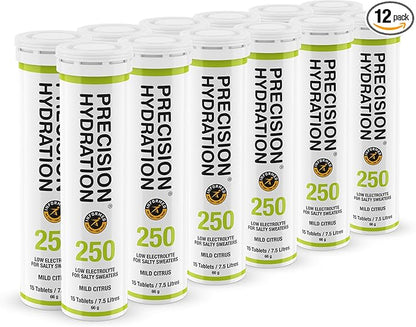 Precision Hydration Electrolyte Drink - Multi Strength Effervescent Hydration Tablets - Low Calorie, Gluten Free, Vegan/Vegetarian Friendly (12 Tubes, 250mg/L - Green Tube)