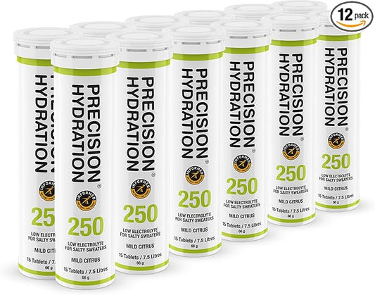 Precision Hydration Electrolyte Drink - Multi Strength Effervescent Hydration Tablets - Low Calorie, Gluten Free, Vegan/Vegetarian Friendly (12 Tubes, 250mg/L - Green Tube)