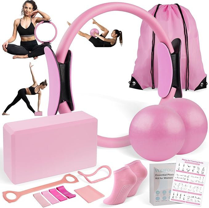 Pilates Ring Essentials Kit for Women,Home Fitness Equipment Sets with 12''Pilates Ring,2 Pilates Ball,Yoga Brick,Elastic Band & Other Accessories Suitable for Exercise & Shape Up-13PCS