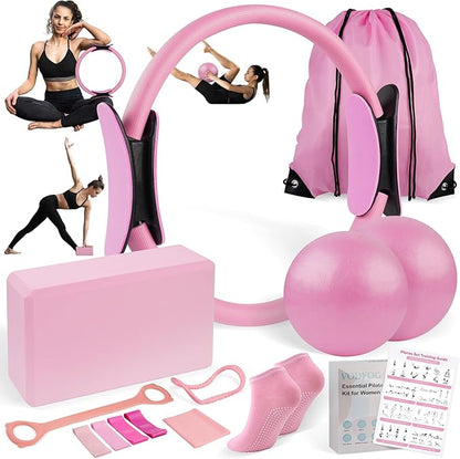 Pilates Ring Essentials Kit for Women,Home Fitness Equipment Sets with 12''Pilates Ring,2 Pilates Ball,Yoga Brick,Elastic Band & Other Accessories Suitable for Exercise & Shape Up-13PCS