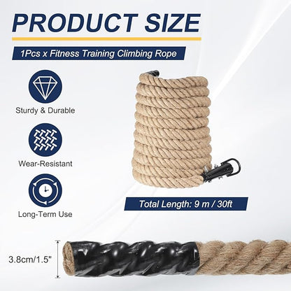 MECCANIXITY Climbing Rope 30ft x 1.5", Gym Climbing Rope Thick Twine Ropes Jute Natural Brown Burlap Cord String Heavy Twisted for Workout Rock Exercise Indoor Outdoor Fitness Training