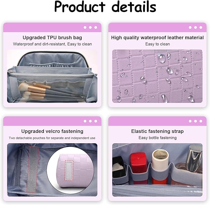 BOYATU Travel Makeup Bag Organizer Cosmetic Bag: 3 Pcs Set Make up Bags for Women with Handle - Waterproof Vegan Leather Toiletry Bags Travel Essentials Pouch with Compartments (C-01-Purple)