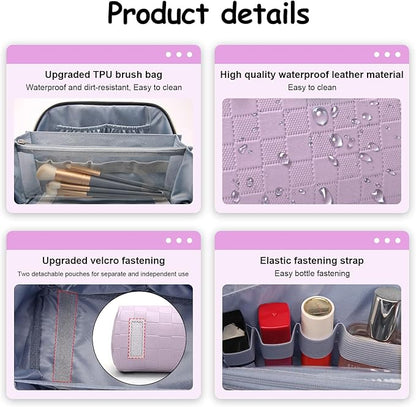 BOYATU Travel Makeup Bag Organizer Cosmetic Bag: 3 Pcs Set Make up Bags for Women with Handle - Waterproof Vegan Leather Toiletry Bags Travel Essentials Pouch with Compartments (C-01-Purple)