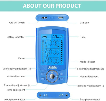 Belifu Dual Channel TENS EMS Unit 24 Modes Muscle Stimulator for Pain Relief Therapy, Electronic Pulse Massager Muscle Massager with 10 Pads, Dust-Proof Drawstring Storage Bag, Fastening Cable Ties