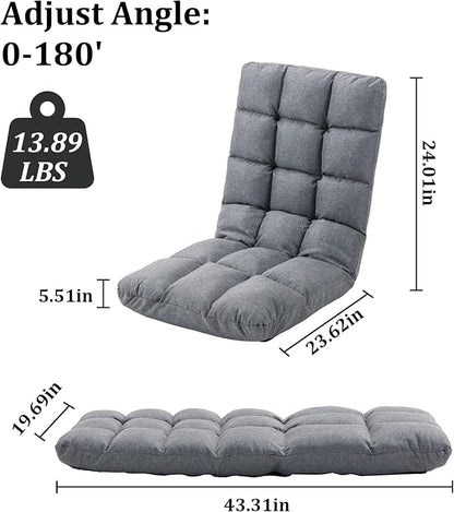 Folding Floor Chair with Back Support, 14 Adjustable Positions, Breathable Padded Sleeper Bed, Couch Recliner, Gaming Sofa Chair for Adults & Kids, Perfect for Meditating, Reading, Living Room (Grey)