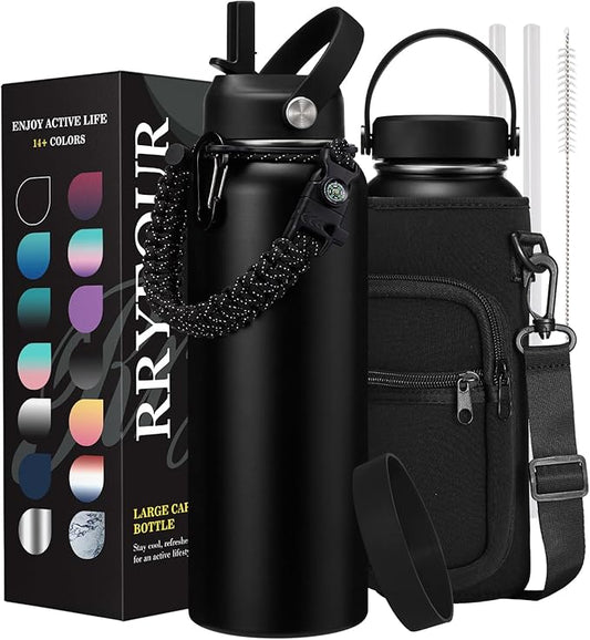 40/64/128 oz Stainless Steel Water Bottles Insulated - with Paracord Handle, Straw Lids, Flex Cap, Bottle Carrier & Silicone Boot, Leek Proof Water Bottle 40 oz Flask Metal Jug Cold 48 Hrs Hot 24 Hrs