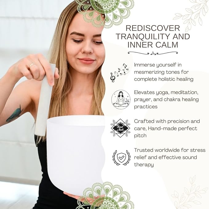 White F Note Heart Chakra 10 inch Quartz Crystal Singing Bowl, for Healing Mindfulness Meditation Yoga Sound Baths, with Case Rubber Mallet