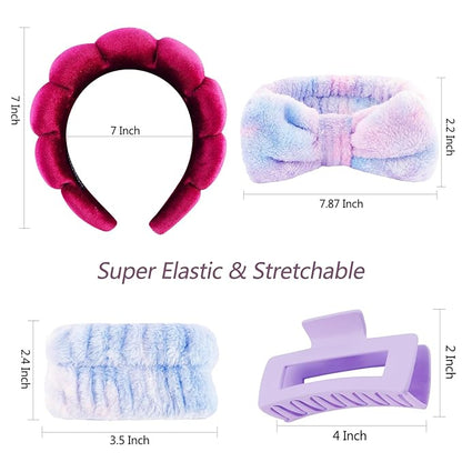 VELSCRUN Spa Headband, Makeup Face Wash Skincare Headbands, 5 Pcs Deep Purple Sponge Bow Tie Get Ready HairBand Facial Wristband Hair Clips Set, Stuff for Teen Girls Women Trendy Hair Accessories