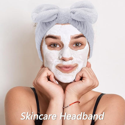 VELSCRUN Spa Headbands for Wash Face, Makeup Headband, Facial Skincare Headbands, 5 Pcs Grey Puffy Sponge Spa Headband Bow Tie Hair Band Hair Clips Wristband Set Women Girls Accessories