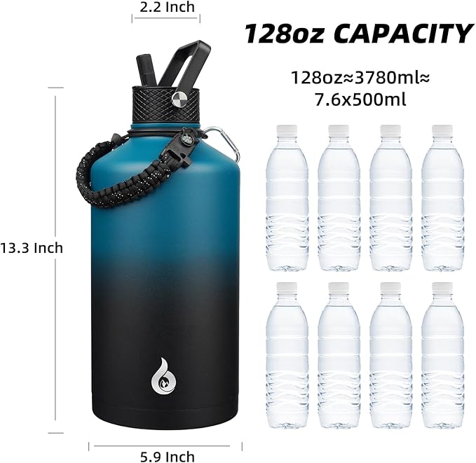 BJPKPK 1 Gallon Water Bottle with Straw Lid, 50oz, 64oz, 87oz, 128oz Large, Stainless Steel Water Bottles with 3 Lids and Paracord Handle, Double Wall Vacuum Metal Water Jug, Blue & Black
