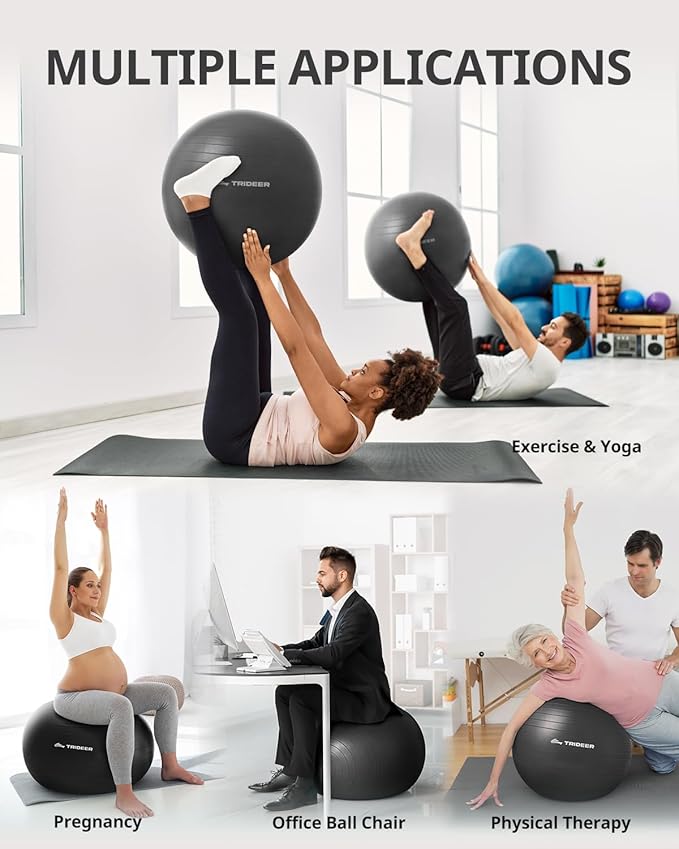 Trideer Exercise Ball for Yoga, Pilates & Fitness – Stability Ball Equipment for Home Gym & Office Chair, Core & Balance Training Accessories, Physical Therapy Equipment, Quick Pump Included, 5 Sizes