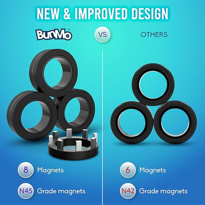 BunMo Magnetic Rings Black – Improved N45 Grade Magnets, BPA-Free, Compact & Quiet Fidget Toy for Adults & Teens, Portable Handheld Toy for Office, School, & Travel