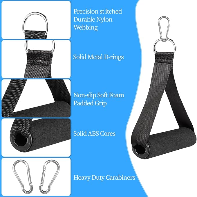 Gym Handles - Heavy Duty Cable Handles with 4 Carabiners for Resistance Bands, Strength Trainers, Home Exercise (Set of 4)