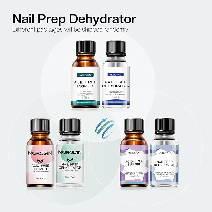 Morovan Nail Primer And Natural Nail Prep Dehydrate Set, Nail Dehydrator and Primer, Fast Air Dry For Gel Polish & Acrylic Powder, Gel Nail Primer and Dehydrator 30ml / 1oz