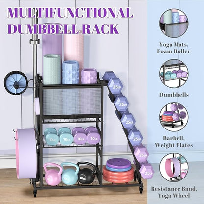Mythinglogic Dumbbell Rack for Home Gym, Weight Rack for Dumbbells, Multifunctional Yoga Mat Holder for Barbell plates and Kettlebells, Home Gym Storage Rack with Casters