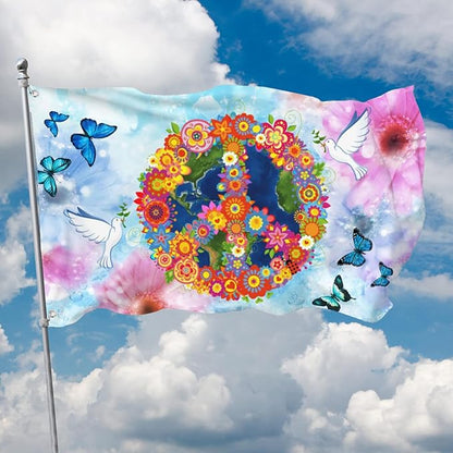 Love Peace Flower Flag 3x5 Ft Outdoor Indoor World Peace Flags Garden Yard Banner Outside Decorative Sign