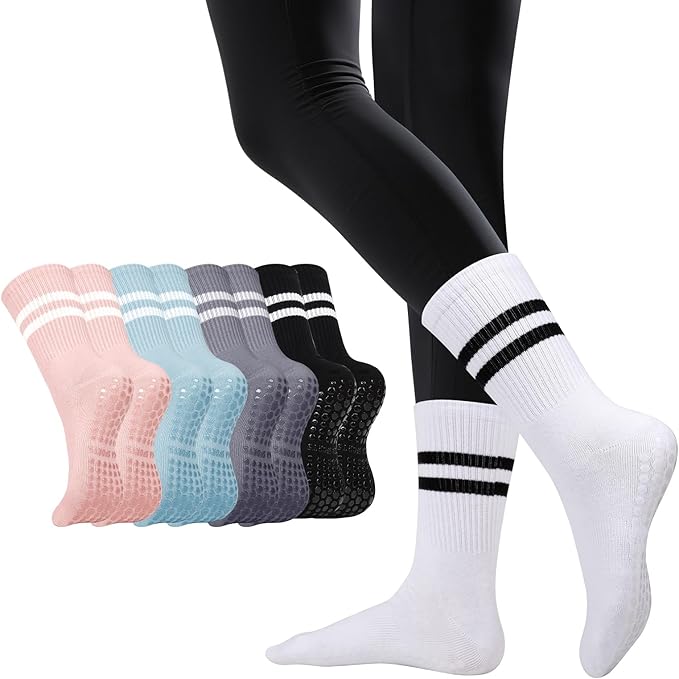5 Pairs Pilates Socks with Grips for Women - Grip Yoga Socks for Women Non Slip Grippy Sock for Pure Barre, Dance, Barefoot, Workout, Hospital Sticky Slipper Socks-Pink/White/Black/Gray/Blue