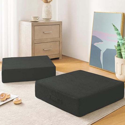 Solid Square Floor Pillows for Adults Kids - Large Meditation Floor Pillow Seating Cushion with Thick Foam & Washable Velvet Cover, 2 Pack, 22x22x5 Inch, Gray