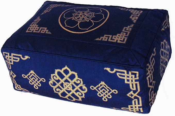 Meditation Cushion - Rectangular Zafu Buckwheat and Kapok Fill Dharma Wheel Dharma Key Blue