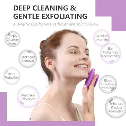Silicone Face Scrubber 2 Pack, Manual Facial Cleansing Brush, Gentle Face Exfoliator for Sensitive Skin, Skin Care Exfoliating Face Brush for Men and Women, Black+Purple