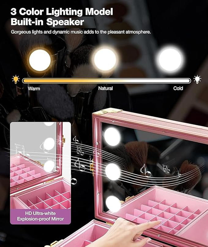 Icoget Portable Nail Table, Rolling Manicure Table w/3 Color Light and Speaker, Portable Nail Tech Desk, Foldable Nail Travel Case for Nail Tech w/Wheel, Colorful Pink