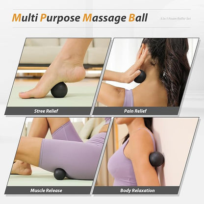 5 in1 Foam Roller Set, Trigger Point Foam Roller, Massage Roller Stick, Massage Ball, Resistance Band for Deep Muscle Massage Pilates Yoga,Fitness Exercise for Whole Body (Pure Black)