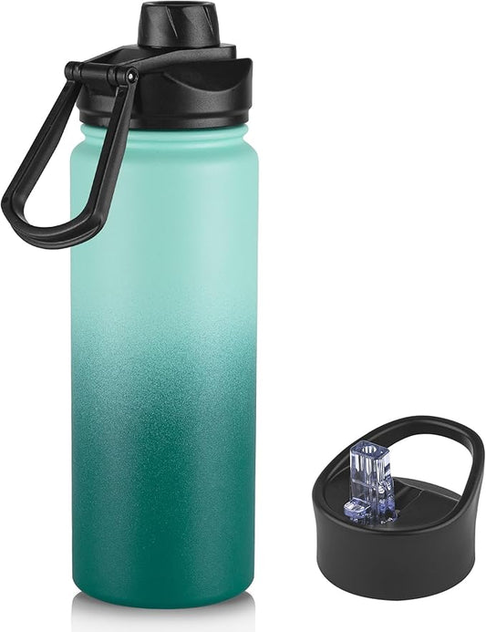 24oz Insulated Water Bottle with Straw Lid, Stainless Steel Metal Water Bottle with Straw & Wide Mouth Lid, Double Wall Vacuum Water Bottle for Hiking Camping, Gradient Green 1 Pack