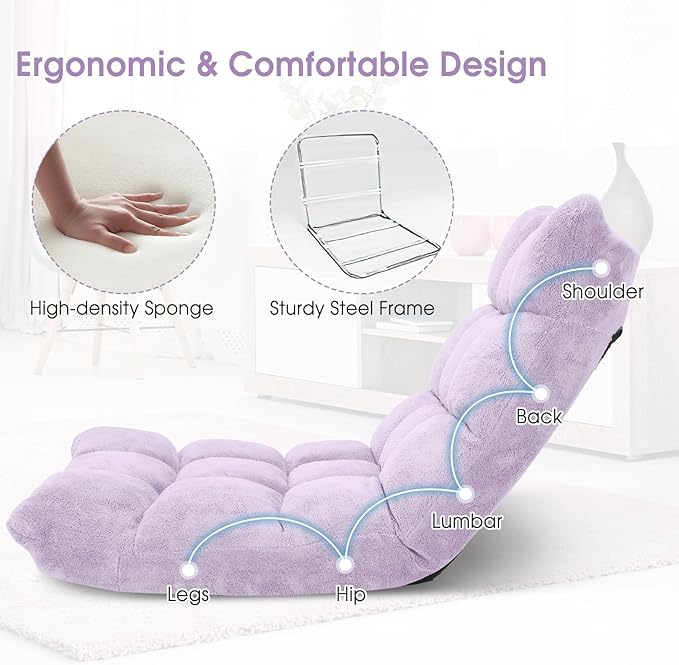 GORELAX Memory Foam Floor Chair, 14-Poistion Adjustable Reading Gaming Chair Recliner, Folding Cushioned Meditation Chair with Back Support, Padded Lazy Sofa for Adults, Kids (Light Purple)