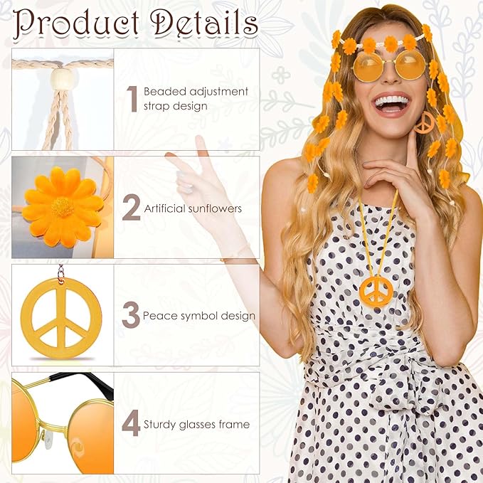6 Pcs Hippie Costume Accessories Set, Flower Hippie Headband Boho Peace Sign Necklace Earrings Sunglasses Bracelet