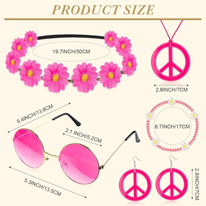 Batiyeer 6 Pcs Hippie Costume Accessories Set, Boho Peace Sign Daisy Flower 60s 70s Party Favors Decor for Groovy Party Women