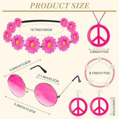 Batiyeer 6 Pcs Hippie Costume Accessories Set, Boho Peace Sign Daisy Flower 60s 70s Party Favors Decor for Groovy Party Women