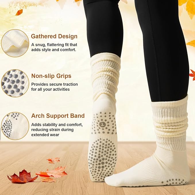 Grip Pilates Slouch Socks for Women, Non Slip Scrunch Yoga Barre, Grippy Slouchy Knee High Boot Socks for Hospital