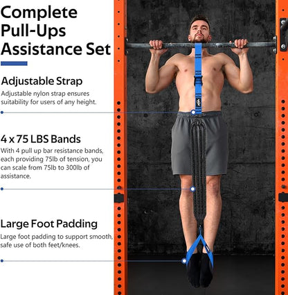 Pull Up Assistance Bands Set, Heavy Duty Adjustable Pull Up Assist Band with Feet Rest, Strength Training Bands for Home Gym Fitness, Pull-Up Bar, Calisthenics and Body Stretching