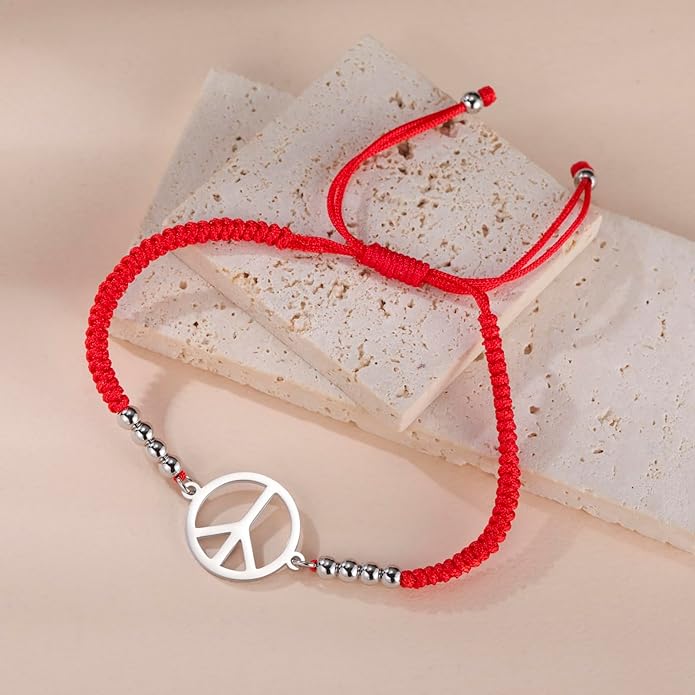 LIKGREAT Peace Adjustable Beaded Bracelet Peace Sign Symbol Pendant Handmade Braided Wax Cords Bracelet for Women