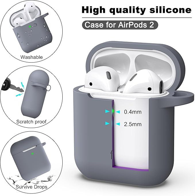 R-fun Compatible with AirPods Case Cover, Soft Silicone Protective Cover with Keychain for Women Men Compatible with Apple AirPods 2nd 1st Generation Charging Case, Front LED Visible,Dark Grey