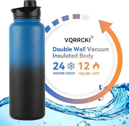 40 oz Insulated Water Bottle with Straw, Stainless Steel Sports Water Bottles with 2 Lids (Straw and Wide Mouth lid), Double Wall Vacuum, Leakproof, BPA-Free, Blue Black Gradient