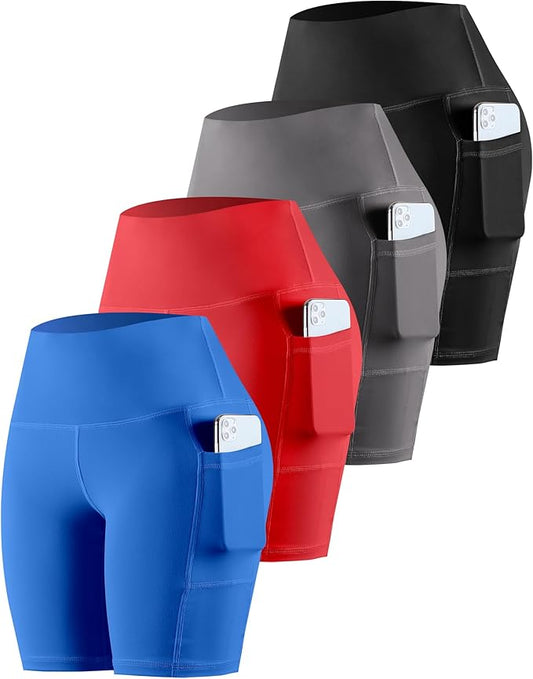 CHRLEISURE Womens Biker Yoga Shorts with Pockets: High Waisted Tummy Control Spandex Workout Athletic Gym Shorts 4 Packs